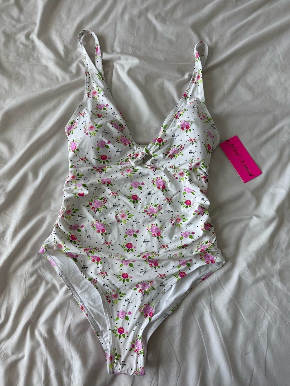Betsey Johnson White Floral Polka Dot One Piece Swimsuit Medium Tie Front Summer